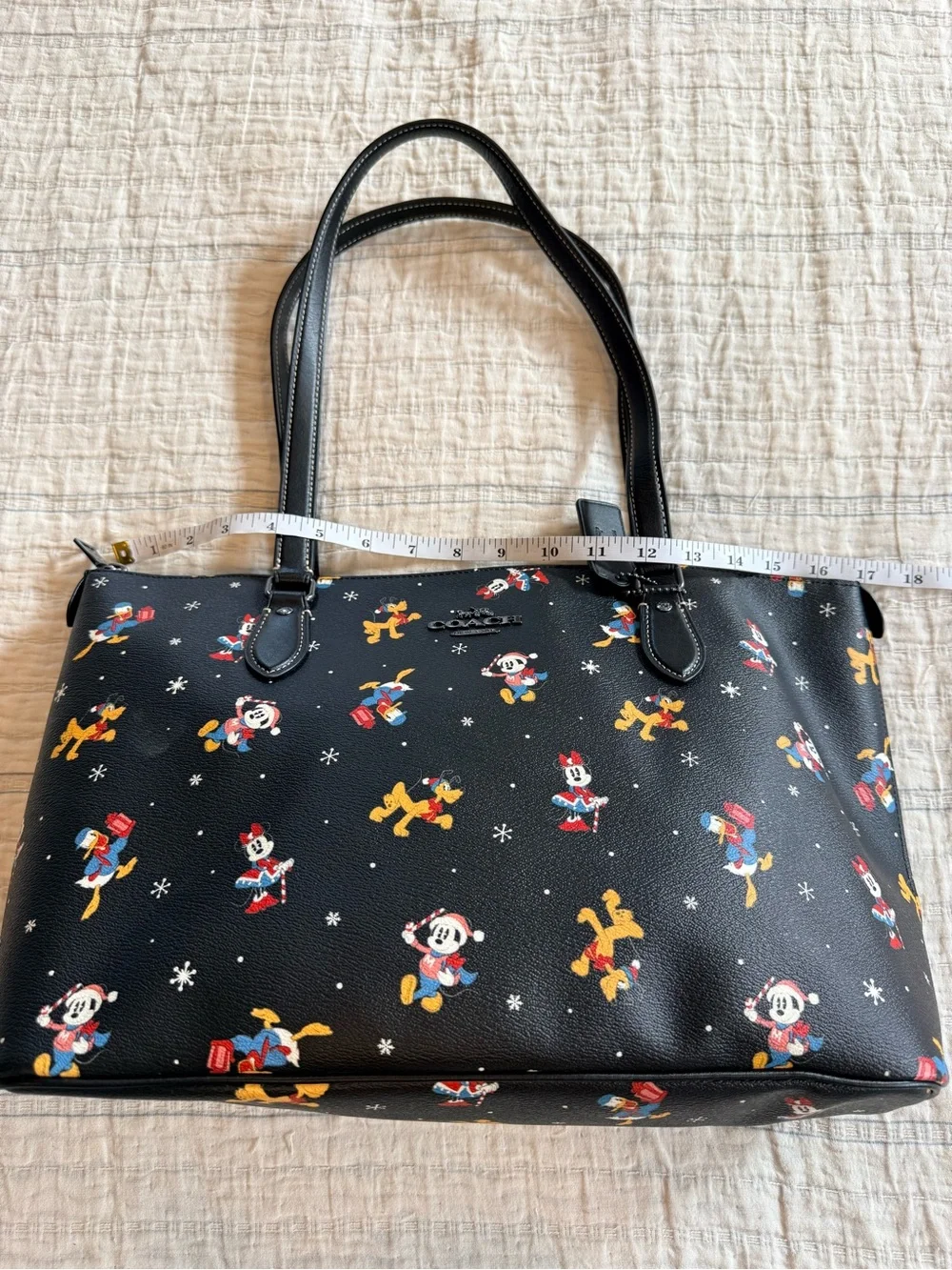 Coach X Disney Black Leather Gallery Tote with Disney Christmas Character Print
